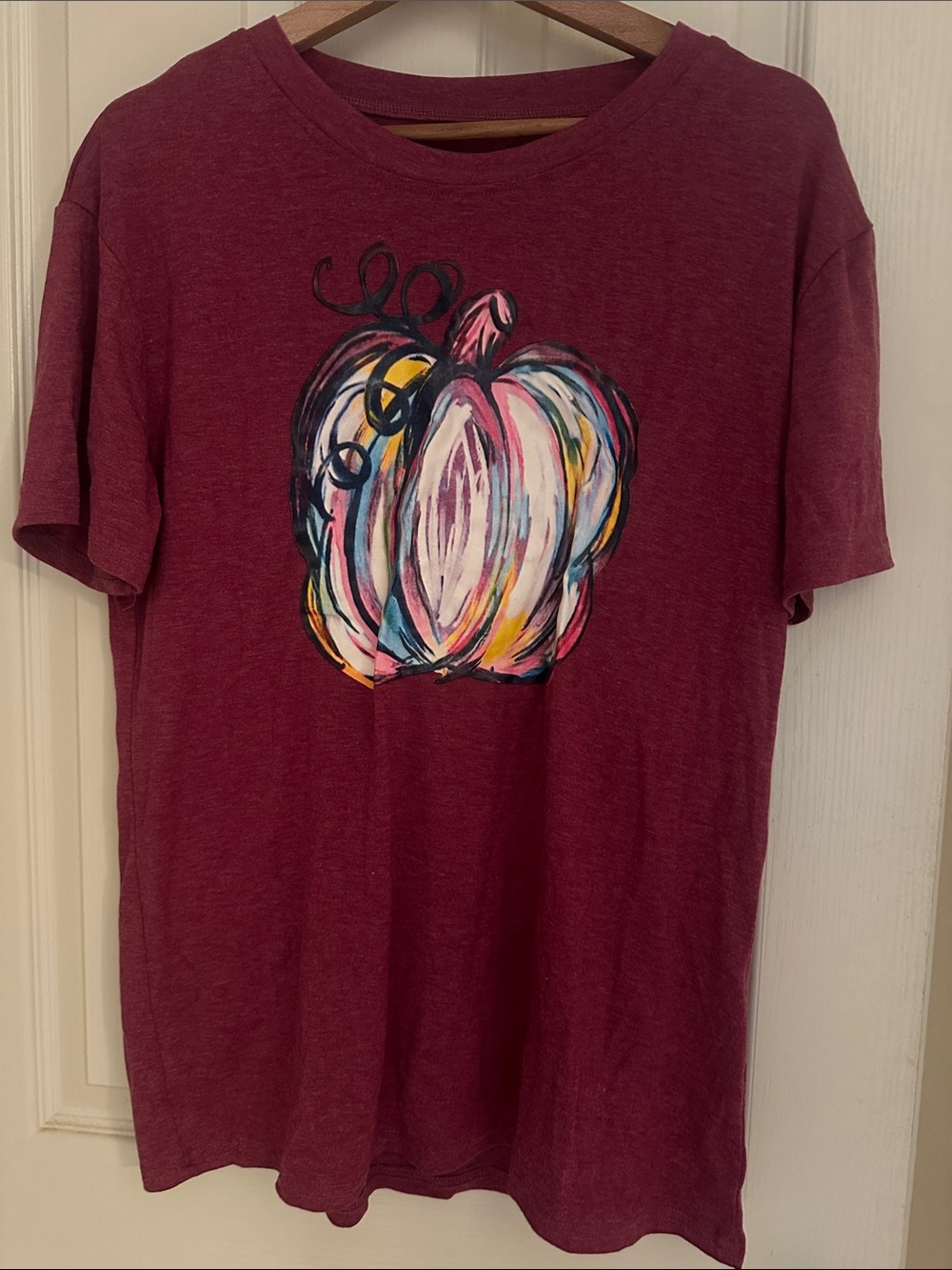 Women's Maroon Short Sleeve Tee with Colorful Pumpkin Graphic